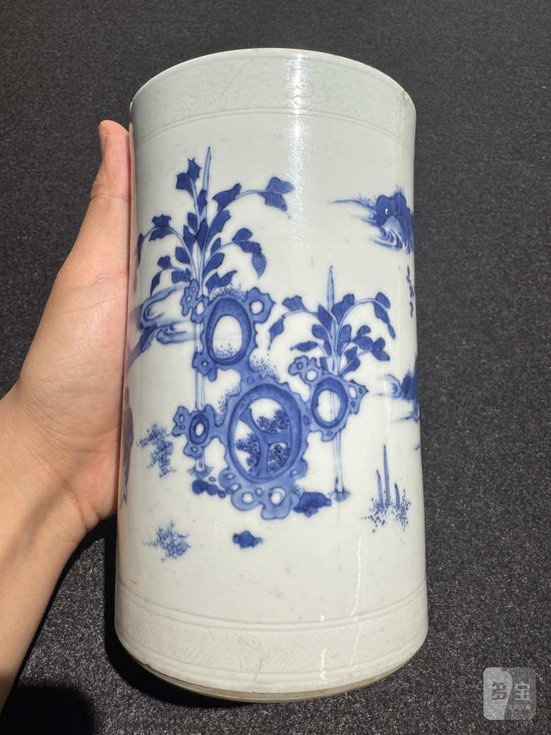 明崇祯 青花封侯拜相图笔筒 - 图6